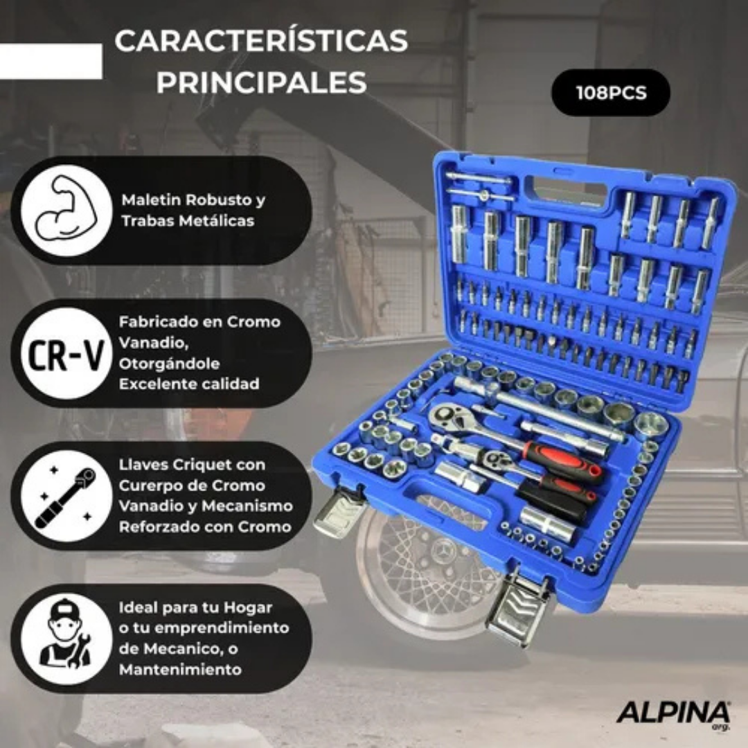 (Promoción 🔥) Kit de Herramientas Combinadas Alpina 108 Piezas en Caja de Transporte Color Azul Claro