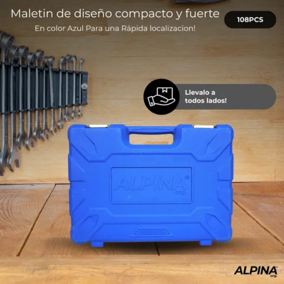 (Promoción 🔥) Kit de Herramientas Combinadas Alpina 108 Piezas en Caja de Transporte Color Azul Claro