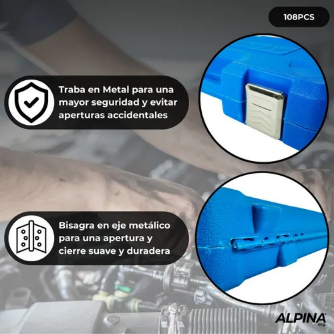 (Promoción 🔥) Kit de Herramientas Combinadas Alpina 108 Piezas en Caja de Transporte Color Azul Claro