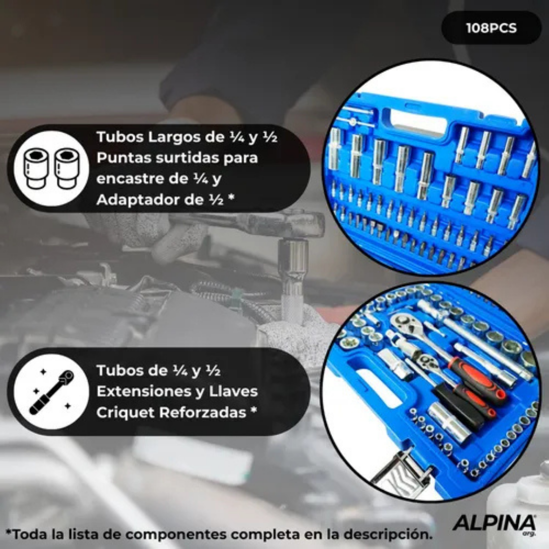 (Promoción 🔥) Kit de Herramientas Combinadas Alpina 108 Piezas en Caja de Transporte Color Azul Claro